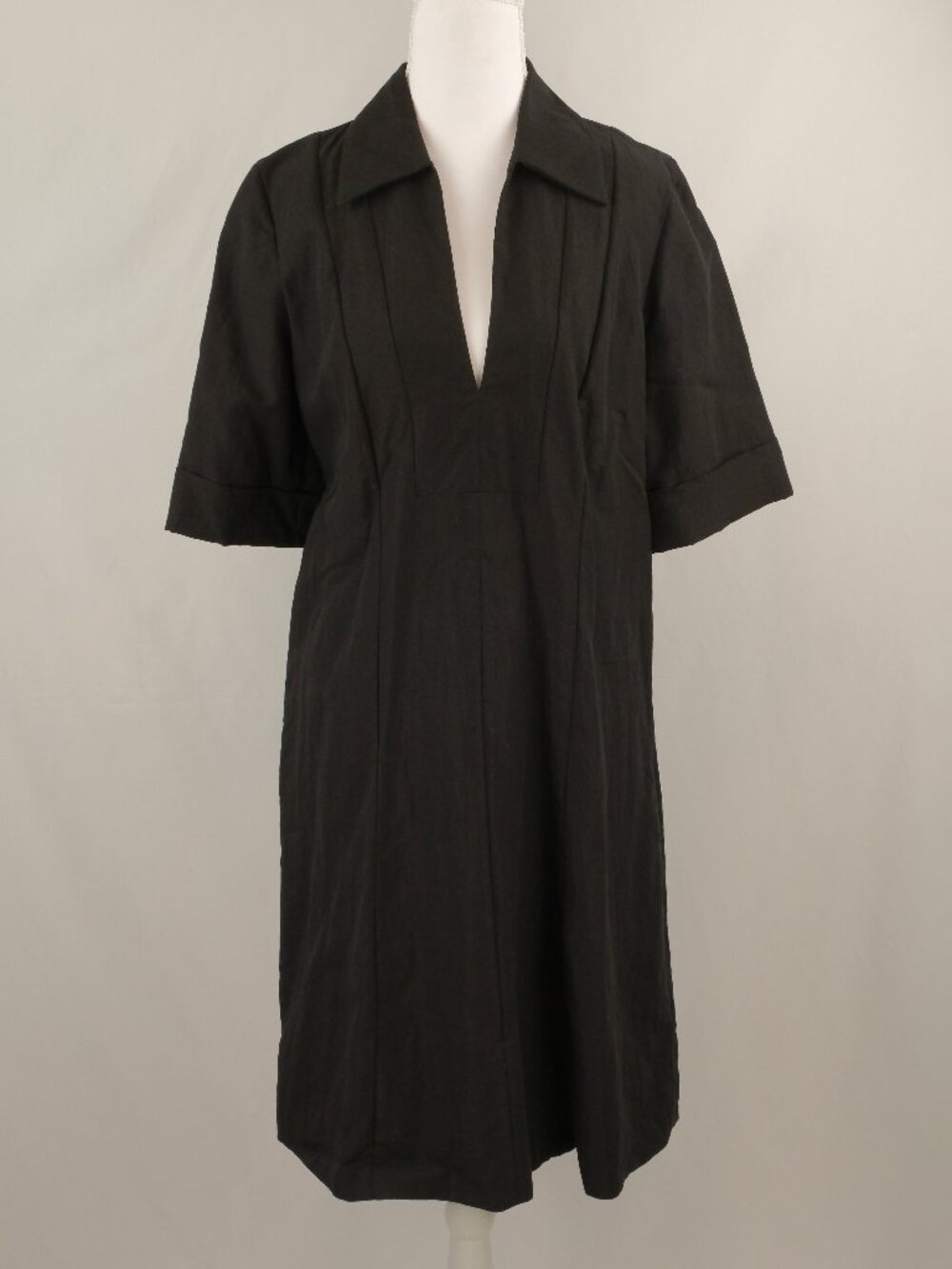 Vince Collared V-Neck Short Sleeved Midi Shirt Dress, Black